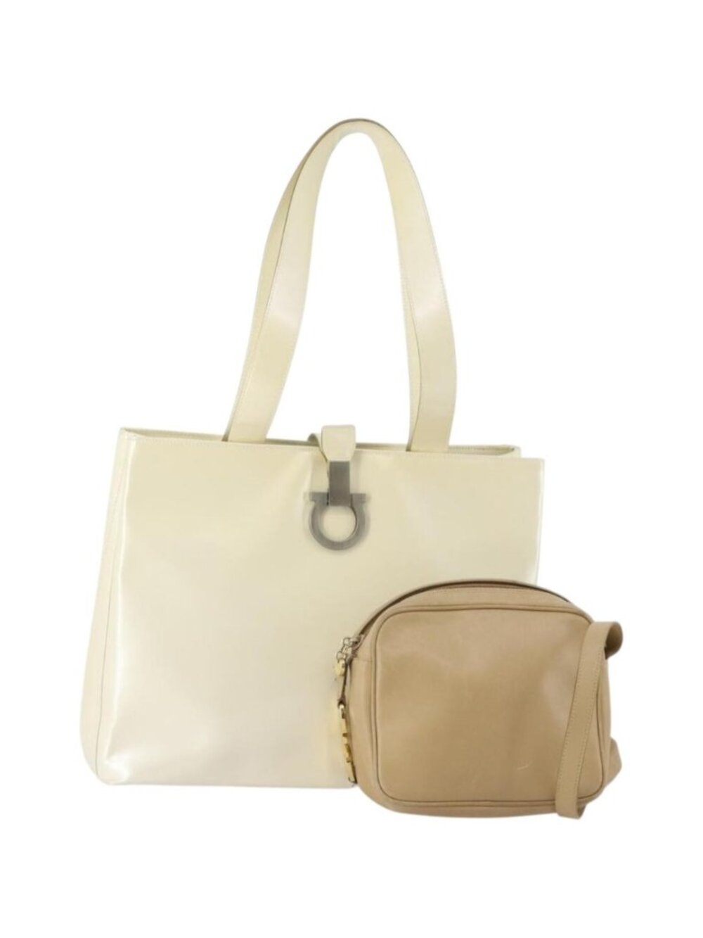 Salvatore Ferragamo Gancini Shoulder Bag Leather 2 Set White Beige